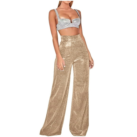 Vintage Glitter Pants Womens 2025 Party Club Casual Streetwear High Rise Wide Leg Trousers Full Length (X-Large, Gold)