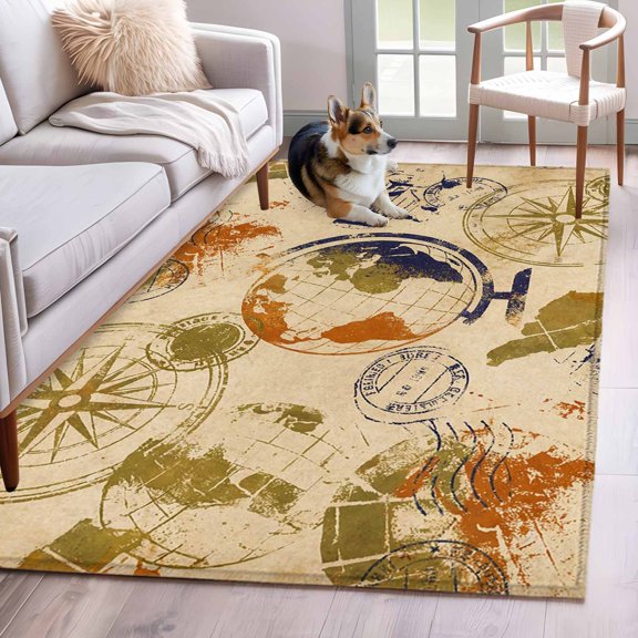 Vintage Globe Area Rugs 2.7'x5', Washable Small Throw Rugs for Kitchen Bedroom, Abstract Travel Adventure Compass Indoor Outdoor Rug Non-Slip Low Pile Carpet Runner Reversible Floor Mats