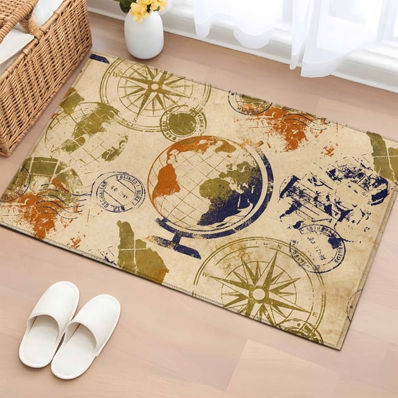 Vintage Globe Bathroom Rug Washable 2x3 Entryway Rug Non Slip Abstract Travel Adventure Compass Front Door Mat Low Pile Indoor Doormat Throw Floor Carpet for Kitchen Bedroom Entrance