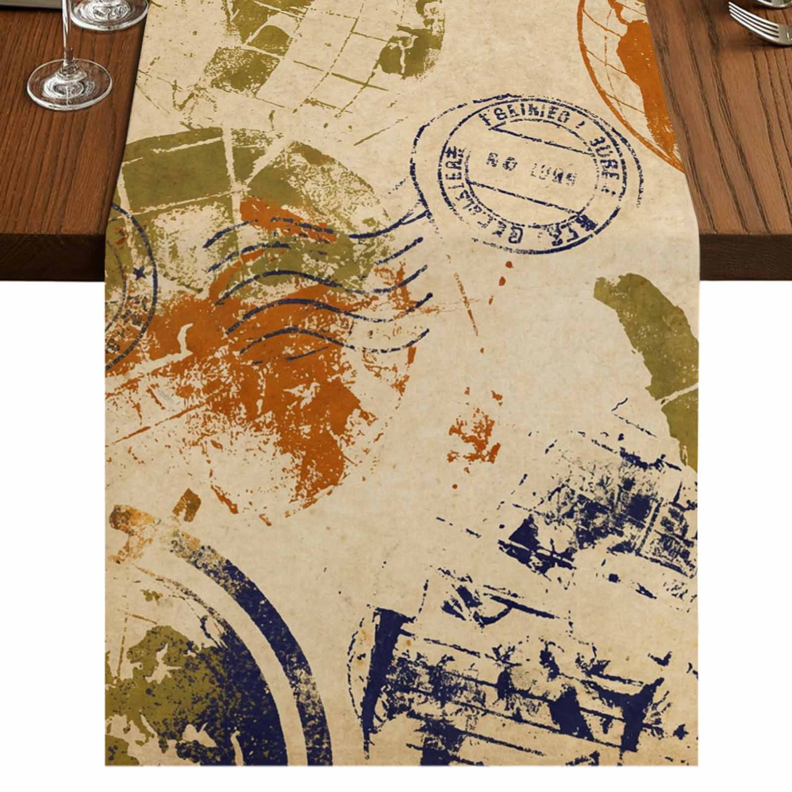 Vintage Globe Burlap Cotton Table Runner 13x90 Inches Long, Abstract Travel Adventure Compass Farmhouse Table Runners, Outdoor Dining Tablecloths Decor for Baby Shower/Party/Wedding