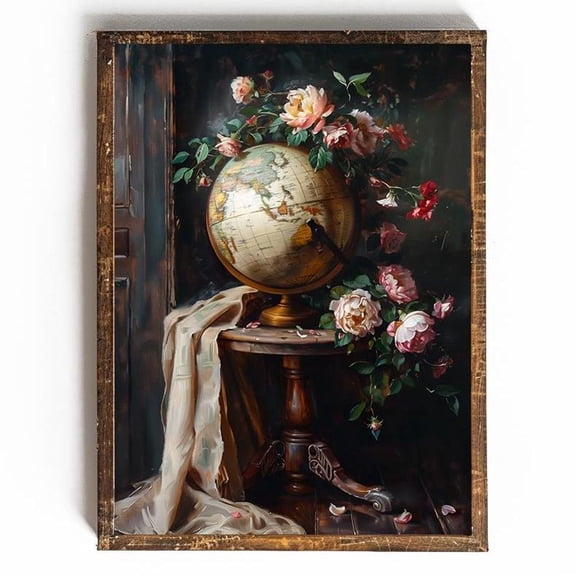 Vintage Globe Cottagecore Wall Art Vintage Travel Art Poster Shabby Chic Decor Old World Wall Art Romantic Wall Decor For Traveler, 16x24 UNFRAMED