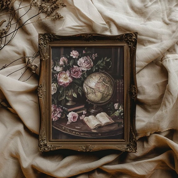 Vintage Globe Dark Academia Wall Art For Reading Nook Decor Traveler World Traveler Art Dark Cottagecore Decor, 16x24 UNFRAMED