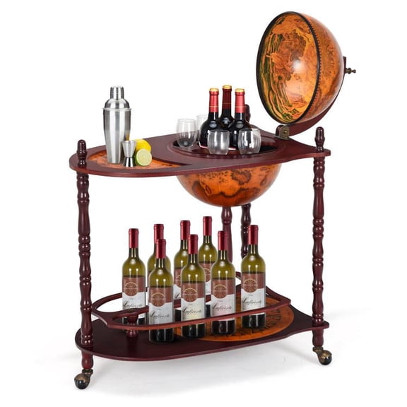 Vintage Globe Rolling Wine Bar Cart with Additional Shelf