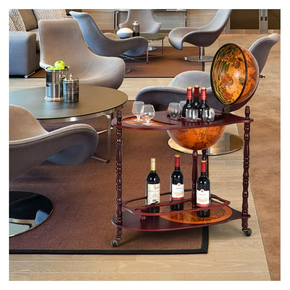 Vintage Globe Rolling Wine Bar Cart with Extra Shelf