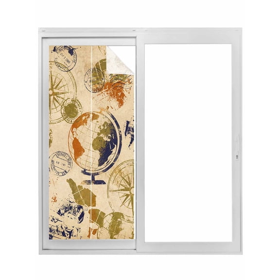 Vintage Globe Window Privacy Film, Abstract Travel Adventure Compass Static Cling UV Sun Blocking Tint Film Heat Control Windows Films for Bedroom Bathroom, Window Stickers 23.6"x59"