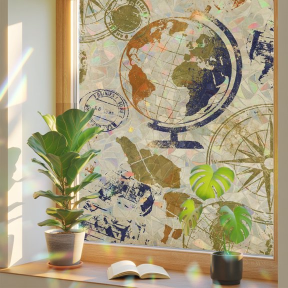 Vintage Globe Window Privacy Film Rainbow Static Cling Stain Glass Window Film for Glass Door, Decorative Heat Blocking Sunroof Decal Sticker for Car 19.6"x39.3" Abstract Travel Adventure Compass