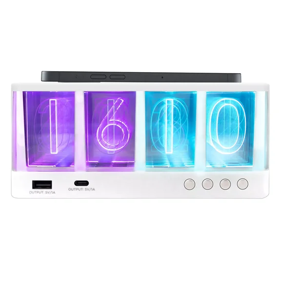 Vintage Glow Alarm Clock Nixie Style with Wireless Charger Station for Smartphones - LED Light Multicolor Number Display - White Base