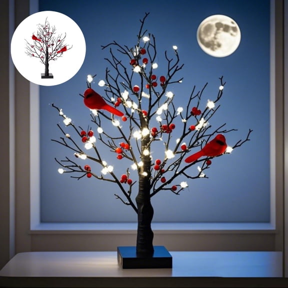 Vintage Glowing Tree with Cardinal, LED Lighted Tabletop Ornament, Battery Operated Mini Birch Style Tree with Red Berries for Christmas Home Party Decor
