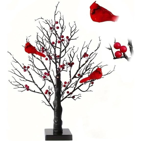 Vintage Glowing Tree with Cardinals(1PC), red Bird Tree Lights,Lighted Red Christmas Trees Centerpiece Decorated with Little Birds, Cardinal Christmas Glowing Tabletop Decorations