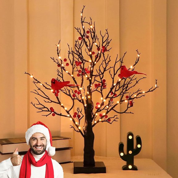Vintage Glowing Tree with Cardinals - 21/48/60inches Red Bird Tree Lights, LED Twinkle Lighted Branches for Christmas Tabletop Ornament, Artificial Fairy Tree Decor (21 in)
