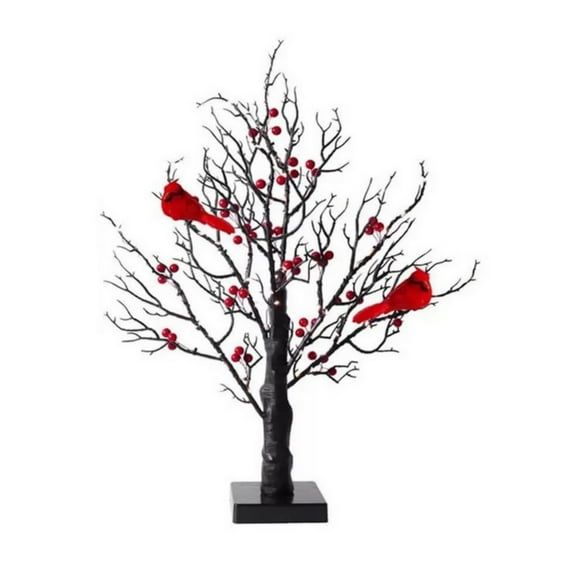 Vintage Glowing Tree with Cardinals (21 In), Equipped with 6 Birds and 54 Red Fruits, 2025 New Led Glowing Tree with Cardinals, Removable Base, Suitable for Christmas, Halloween Decorations （1Pc)