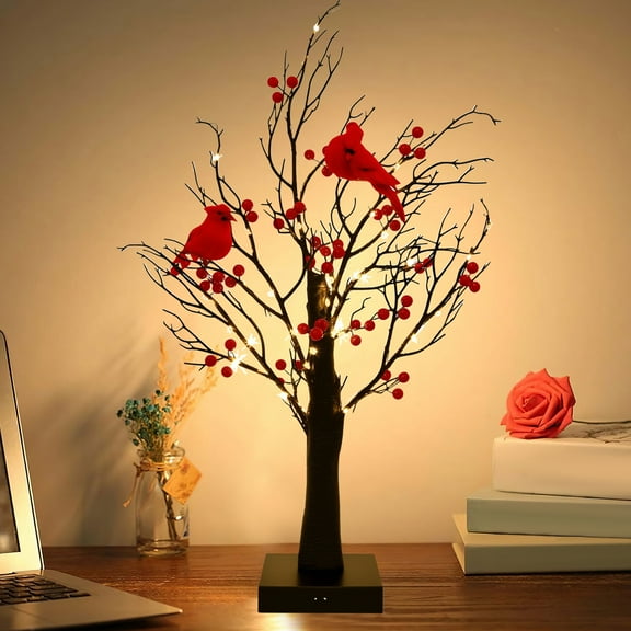 Vintage Glowing Tree with Cardinals 21 Inch LED Mini White Birch Tree with Berries Lighted Tabletop Birch Ornament with Red Birds for Holiday Home Xmas Decor and Seasonal Display