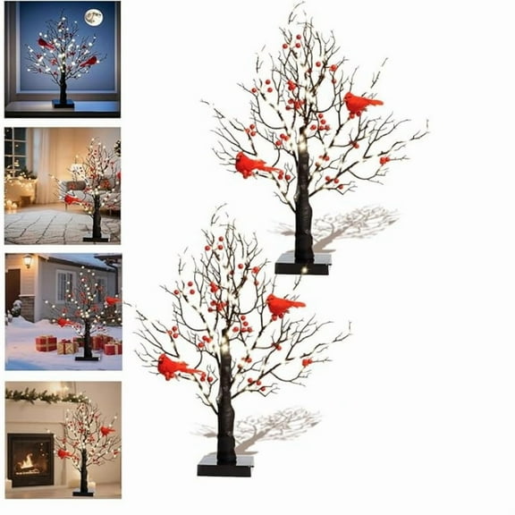 Vintage Glowing Tree with Cardinals, 21 Inch LED Mini White Birch Tree with Berries, Lighted Tabletop Birch Ornament with Red Birds for Holiday Home Xmas Decor and Seasonal Display(2pc)