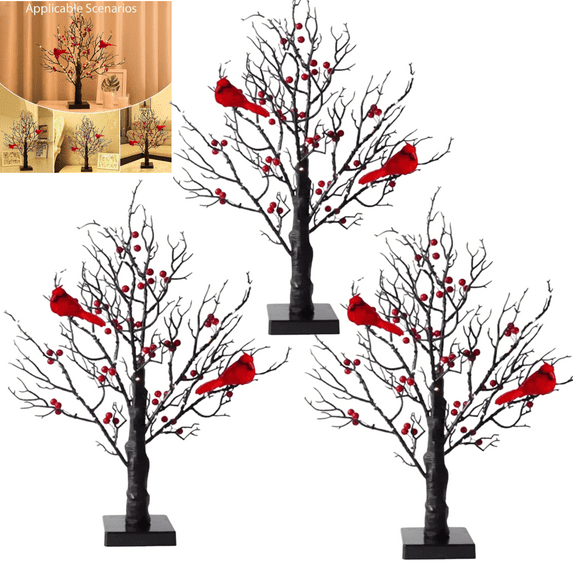 Vintage Glowing Tree with Cardinals, 21 Inch Led Mini White Birch Tree with Berries, Lighted Tabletop Birch Ornament with Red Birds for Holiday Home Xmas Decor and Seasonal Display Black (3Pc)