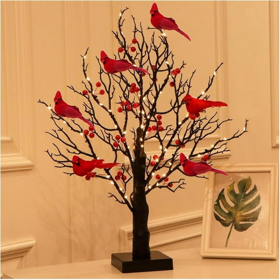 Vintage Glowing Tree with Cardinals (21 in), Equipped with 6 Birds and 54 Red Fruits, 2025 New Led Glowing Tree with Cardinals, Removable Base, Suitable for Christmas, Halloween Decorations (1 PC)