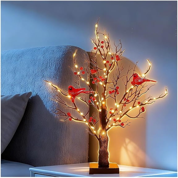 Vintage Glowing Tree with Cardinals, 21in LED Vintage Glowing Tree, Battery Powered LED Twinkle Trees Lamp with Lighted Branches, Gifts for Women, for Christmas, Halloween, Thanksgiving, Home Dcor
