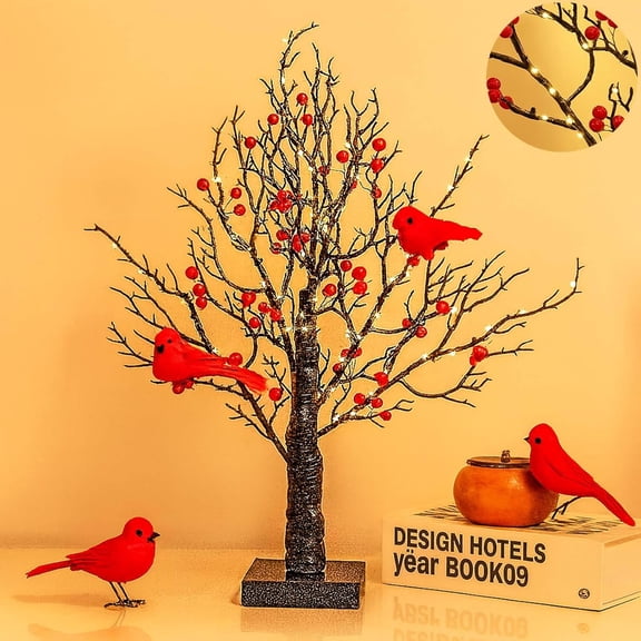 Vintage Glowing Tree with Cardinals, 24 LED Cardinal Christmas Tree with Lighted Branches & Berries, 21 Inch Lighted Mini Birch Trees for Xmas Indoor Tabletop Centerpiece Operated by Battery (1PC)