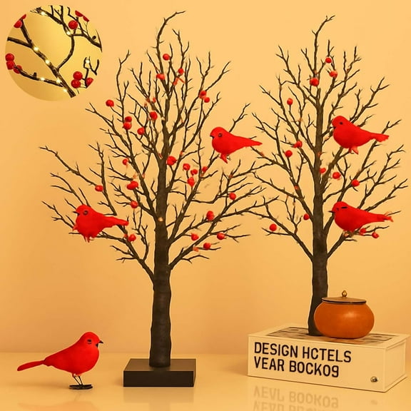 Vintage Glowing Tree with Cardinals, 24 LED Cardinal Christmas Tree with Lighted Branches & Berries, 21 Inch Lighted Mini Birch Trees for Xmas Indoor Tabletop Centerpiece Operated by Battery (2PCS)