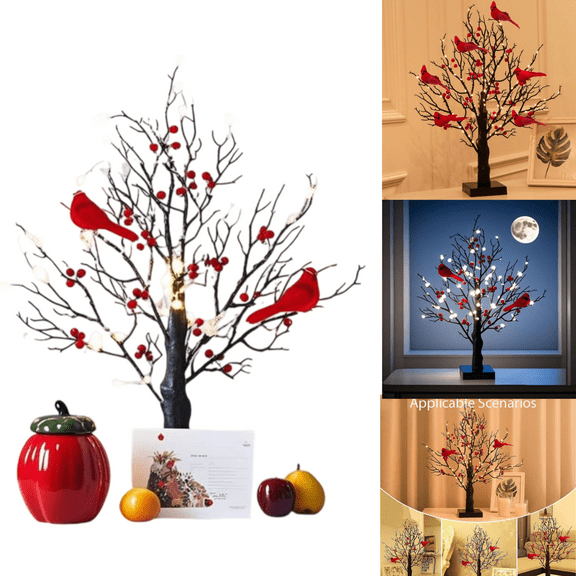 Vintage Glowing Tree with Cardinals, 24 Led Cardinal Christmas Tree with Lighted Branches & Berries, 21 Inch Lighted Mini Birch Trees for Xmas Indoor Tabletop Centerpiece Operated By Battery (1Pc)