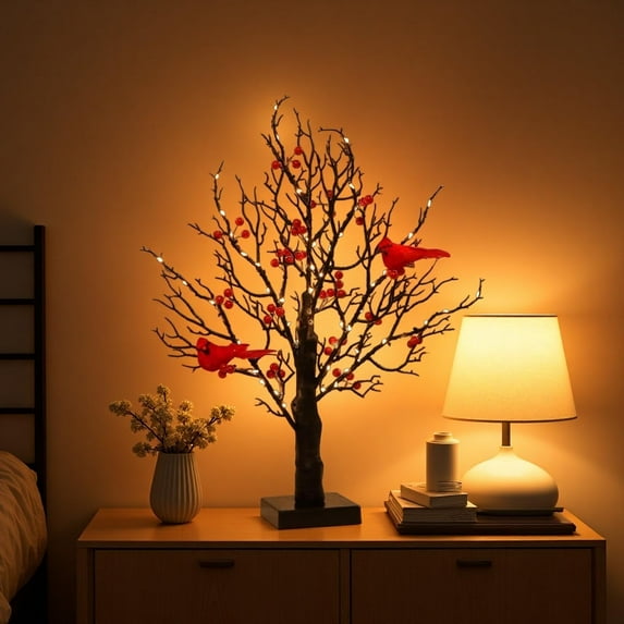 Vintage Glowing Tree with Cardinals, Chinese Lunar New Year Lighted Mini Birch Tree LED Cardinal Little Red Bird Table Decoration for Indoor Home Party Decor(USB version, Included Battery)
