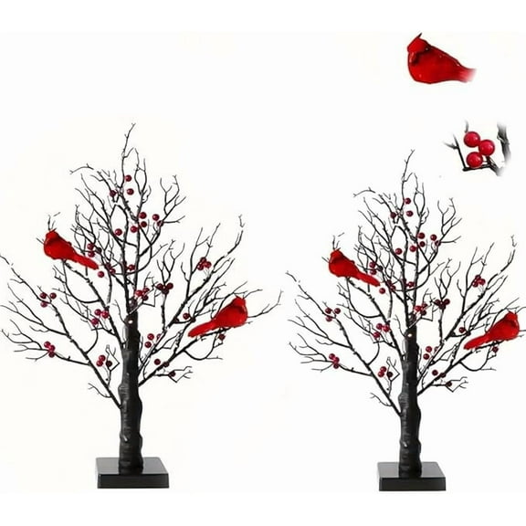 Vintage Glowing Tree With Cardinals,Glowing Tree With Moving Cardinals,Twinkle Tree Lamp With Lighted Branches & Berries,Lighted Birch Bonsai Table Top Centerpiece For Halloween,Christmas (2PC)