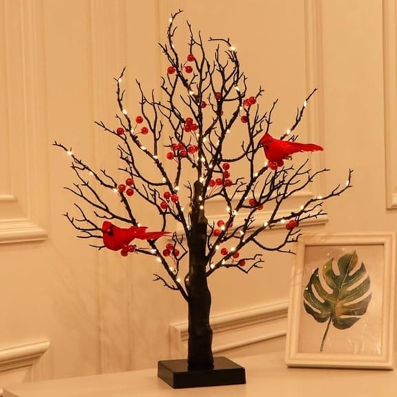 Vintage Glowing Tree with Cardinals Glowing Tree with Red Birds Twinkle Tree Lamp with Lighted Branches Berries Lighted Birch Bonsai Tabletop Centerpiece for Christmas