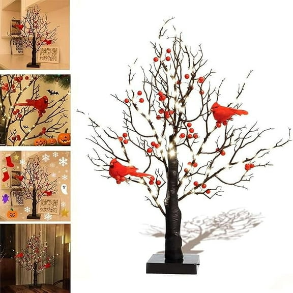 Vintage Glowing Tree with Cardinals,New Led Mini White Birch Tree with Lighted Branches & Berries,Lighted Birch Bonsai Table Top Centerpiece for Halloween,Christmas