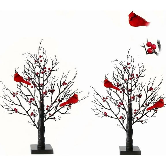 Vintage Glowing Tree with Cardinals, red Bird Tree Lights,Lighted Red Christmas Trees Centerpiece Decorated with Little Birds, Cardinal Christmas Glowing Tabletop Decorations