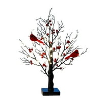 Vintage Glowing Tree with Moving Cardinals and Berries, 21In Led Lighted Tree with Cardinals, Little Red Bird Trees Lights Tabletop Centerpiece for Halloween Christmas (2) Black （1Pc)