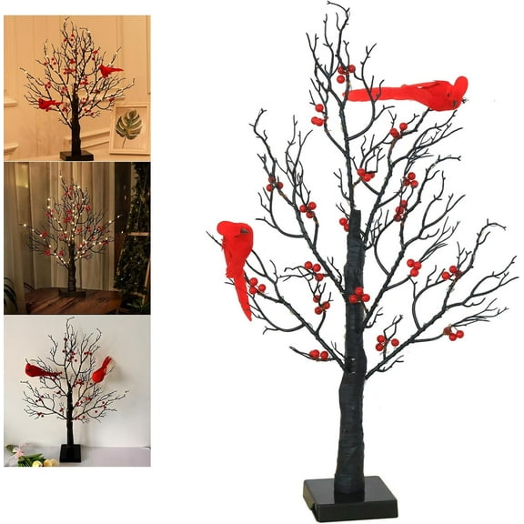 Vintage Glowing Tree with Moving Cardinals and Berries, 21in Led Lighted Tree with Cardinals, Little Red Bird Trees Lights Tabletop Centerpiece for Halloween Christmas (1)