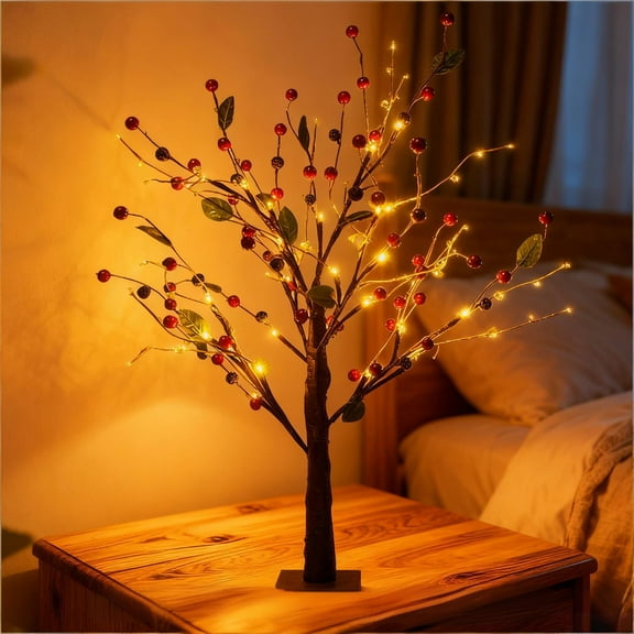 Vintage Glowing Tree with Red Berry, 2025 New LED Vintage Mini Birch Tree with 24 LED Beads and 48 Reds Berries, Tabletop Centerpiece Indoor Home, Operated by Battery (1Pcs Red)