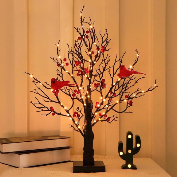 Vintage Glowing Tree with Redbirds, Trees with RedbirdsLittle Red Bird Trees Light, Christmas Tree with Berries for Tabletop Centerpiece Christmas Decorations Holiday Party