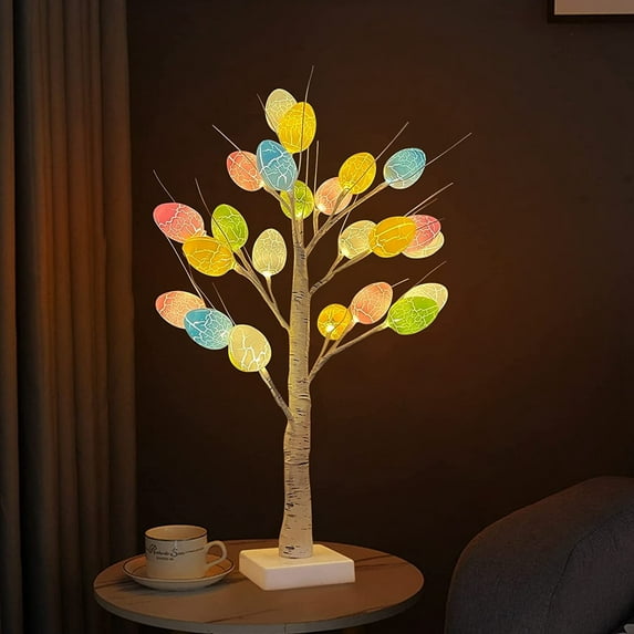 Vintage Glowing Tree with 24pcs Easter Egg Ornaments, Operated by Battery, Easter Decorations for Spring Party Bedroom Classrooms (1Pcs)
