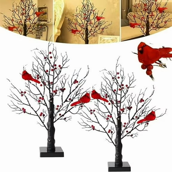 Vintage Glowing Tree with Cardinals, 21inch Red Bird Lighted Tree – Multicolor LED, Sturdy Plastic/Metal Build, Year-Round Ambient Lamp (2pcs)