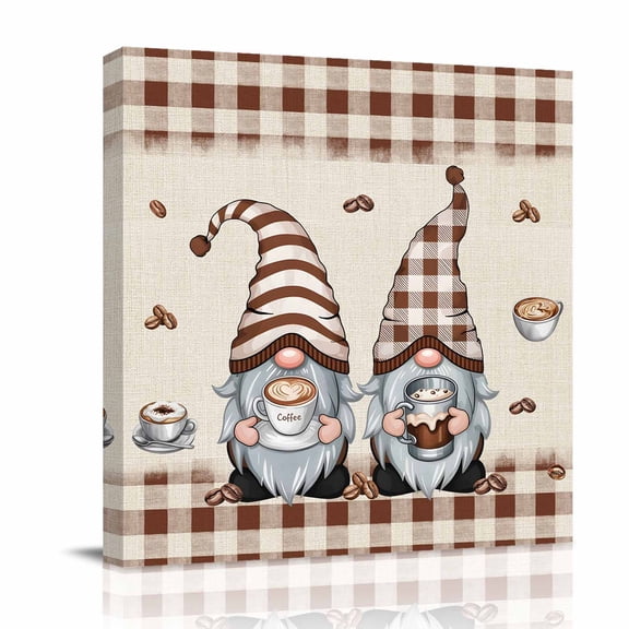 Vintage Gnome with Hat Coffee Cup Canvas Wall Art for Living Room, Coffee Beans Brown Plaid Poster Print Painting for Bedroom Office Home Decoration Wall Pictures Prepare To Hang 8"x8"