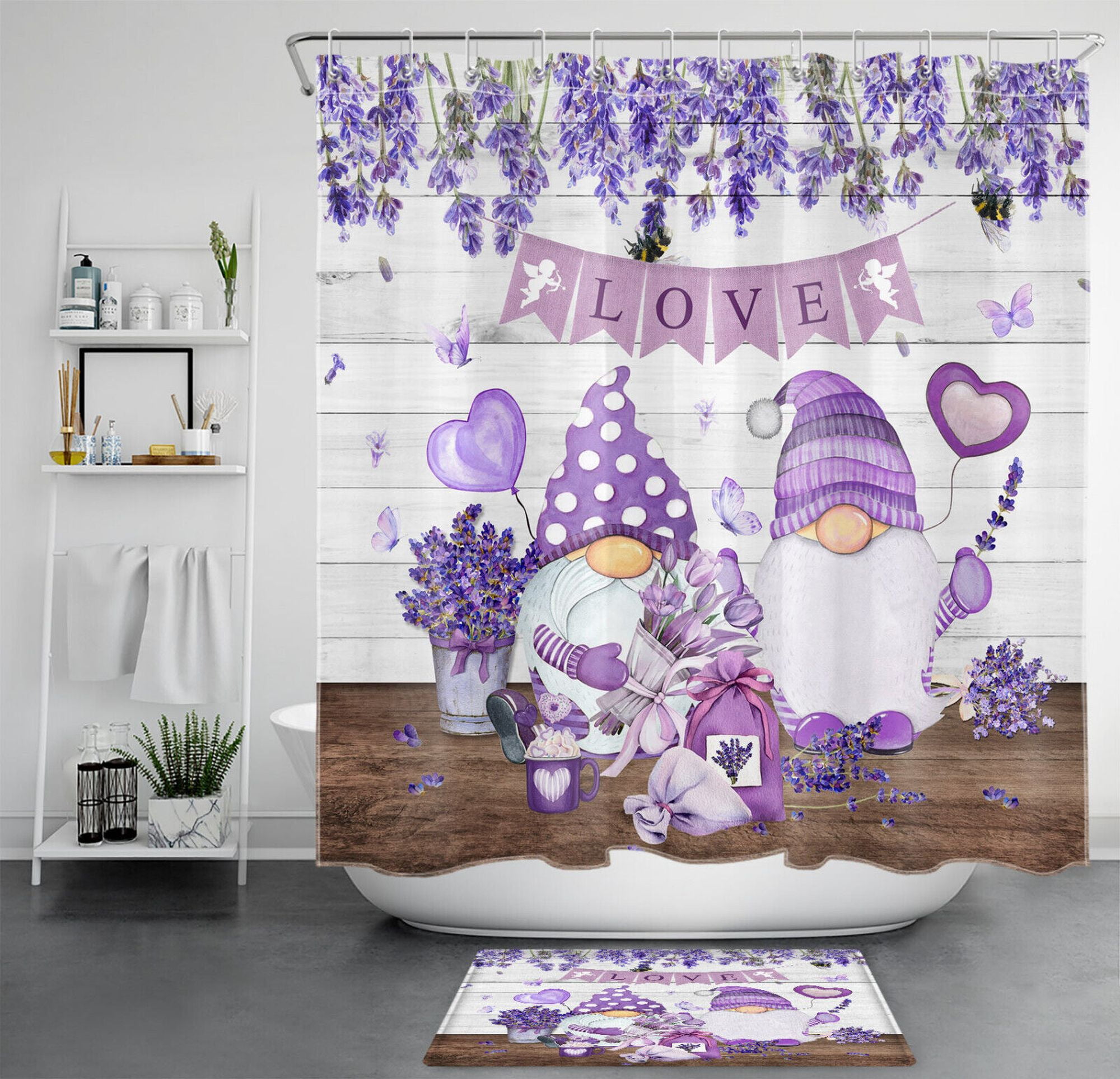 Vintage Gnome and Botanical Valentine's Day Shower Curtain A Charming Addition to Your