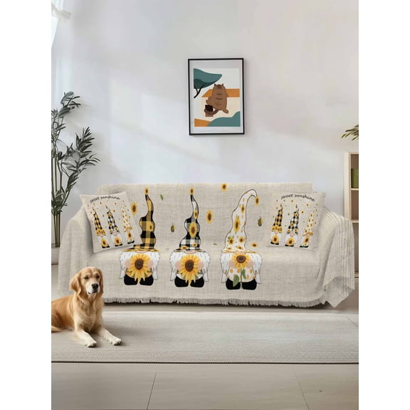 Vintage Gnomes Couch Cover Sofa Covers 3 Cushion Sectional Couch, Sunflowers Summer Botanical Retro Art Rustic Washable Sofa Covers Slipcover Sectional Sofa Cover, Furniture Protector 71"x150"