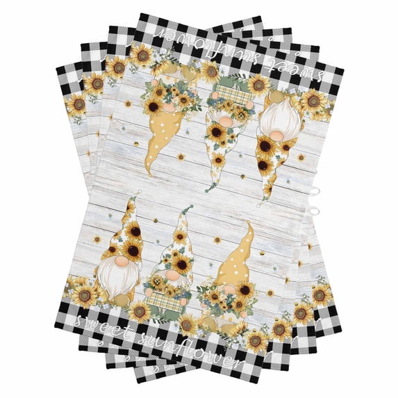 Vintage Gnomes Kitchen Towels Set of 4, Water Absorbent Dish Towel, Sunflower Black White Plaid Wooden Retro Art Decorative Hand Towels - Quick Drying Cloth for Cooking Baking, 18x28 Inch