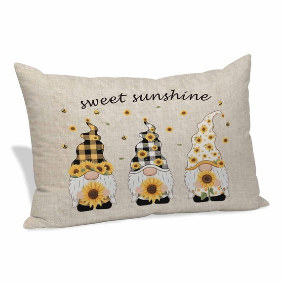 Vintage Gnomes Pillow Covers, Linen Long Throw Pillow Case, Sunflowers Summer Botanical Retro Art Rustic Holiday Pillow Protector Decorative Cushion Cover for Living Room/Bedroom 20" x 26"