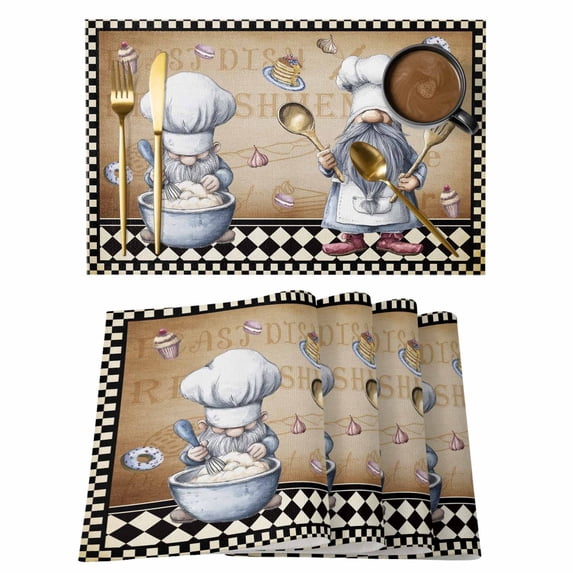 Vintage Gnomes Placemats Set of 8, Black White Checkered Retro Art Placemats for Dining Table, Place Mats for Kitchen Tabletop, Waterproof Wipeable Dining Table Mats Set