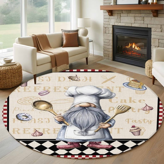 Vintage Gnomes Round Area Rug 7Ft Washable Circle Rugs for Dorm Laundry Room, Black Red Checkered Retro Art Non-Slip Carpet Floor Mats Indoor Outdoor Carpet Runner Aesthetic Home Decor