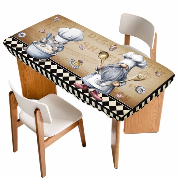 Vintage Gnomes Table Cloths for 6 Foot Rectangle Tables, Black White Checkered Retro Art Patio Waterproof Elastic Fitted Tablecloths, Washable Rectangular Table Cover for Camping