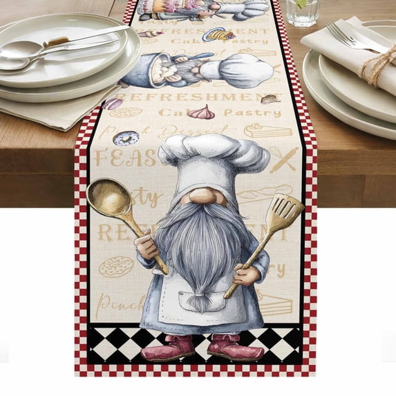 Vintage Gnomes Table Runner - 60 Inch Long, Kitchen Dining Table Runner Dresser Scarves, Black Red Checkered Retro Art Farmhouse Decor for Coffee Tables Wedding Party Banquet