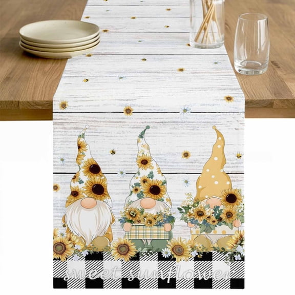 Vintage Gnomes Table Runner - 60 Inch Long Sunflower Black White Plaid Wooden Retro Art Cotton and Linen Blended Dress Scarves Farmhouse Table Runner for Kitchen Dining, Coffee Table, 13" x 60"