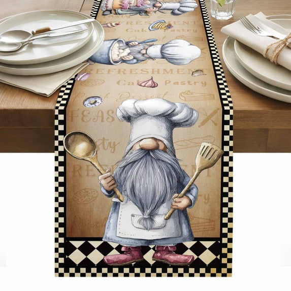 Vintage Gnomes Table Runner - 72 Inch Long, Kitchen Dining Table Runner Dresser Scarves, Black White Checkered Retro Art Farmhouse Decor for Coffee Tables Wedding Party Banquet