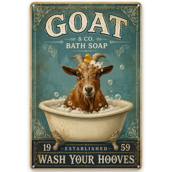 Vintage Goat Bath Soap Metal Wall Decor Sign, 8x12 Inch, Funny Farmhouse Bathroom Art Rustic Indoor/Outdoor Wash Your Hooves Iron Plaque with Pre-Drilled Holes for Easy Hanging