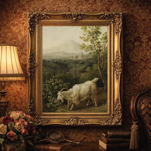 Vintage Goat Landscape Print: Moody Farmhouse Animal Art Country Scene Size 24x36 Unframed Poster