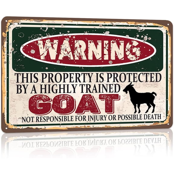 Vintage Goat Metal Warning Sign, This Property Is Protected by a Highly Trained Goat, Funny Tin Wall Decor, 8 x 12 Inch