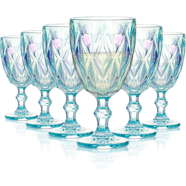 Vintage Goblet Glasses Set of 6, 10oz Embossed Rhombus Wine Glasses