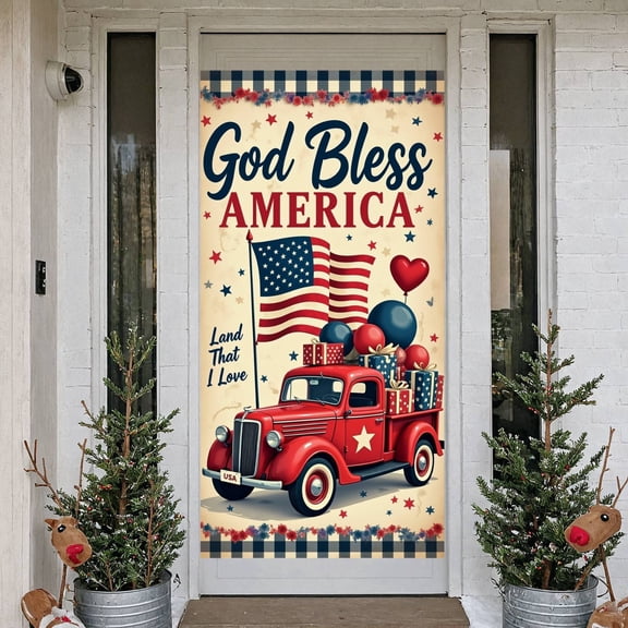 Vintage God Bless America Banner American Flag Patriotic Event Backdrop Red White Blue Theme Retro Red Truck USA National Day Background for Fourth of July Celebration Patriotic Party Outdoor